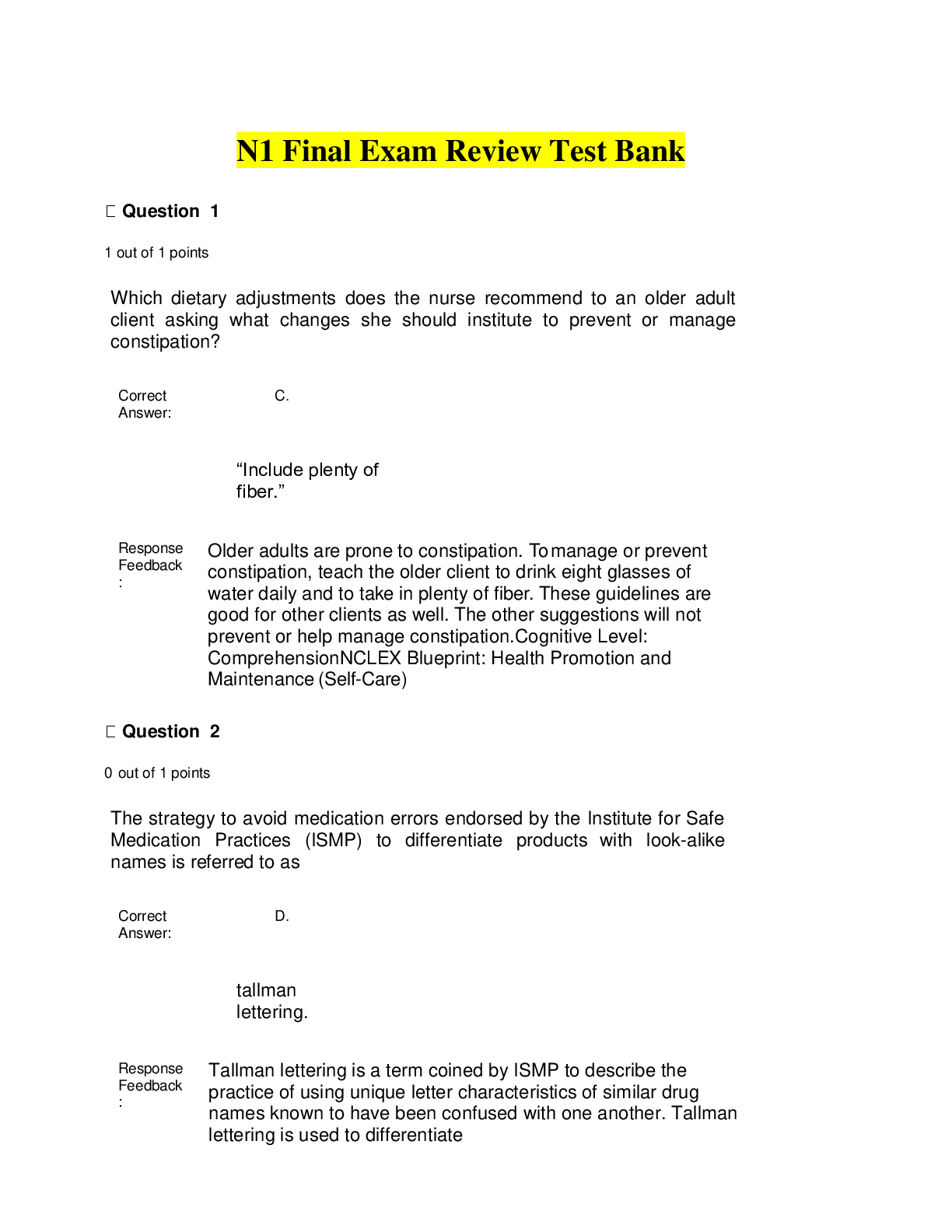 Preview image for ADULT 1 NUR2349 (N1 Final Exam Review Test Bank) Complete and Updated)